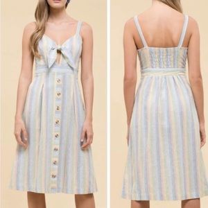 Moon River Rainbow Stripe Linen Midi Dress Cut Out